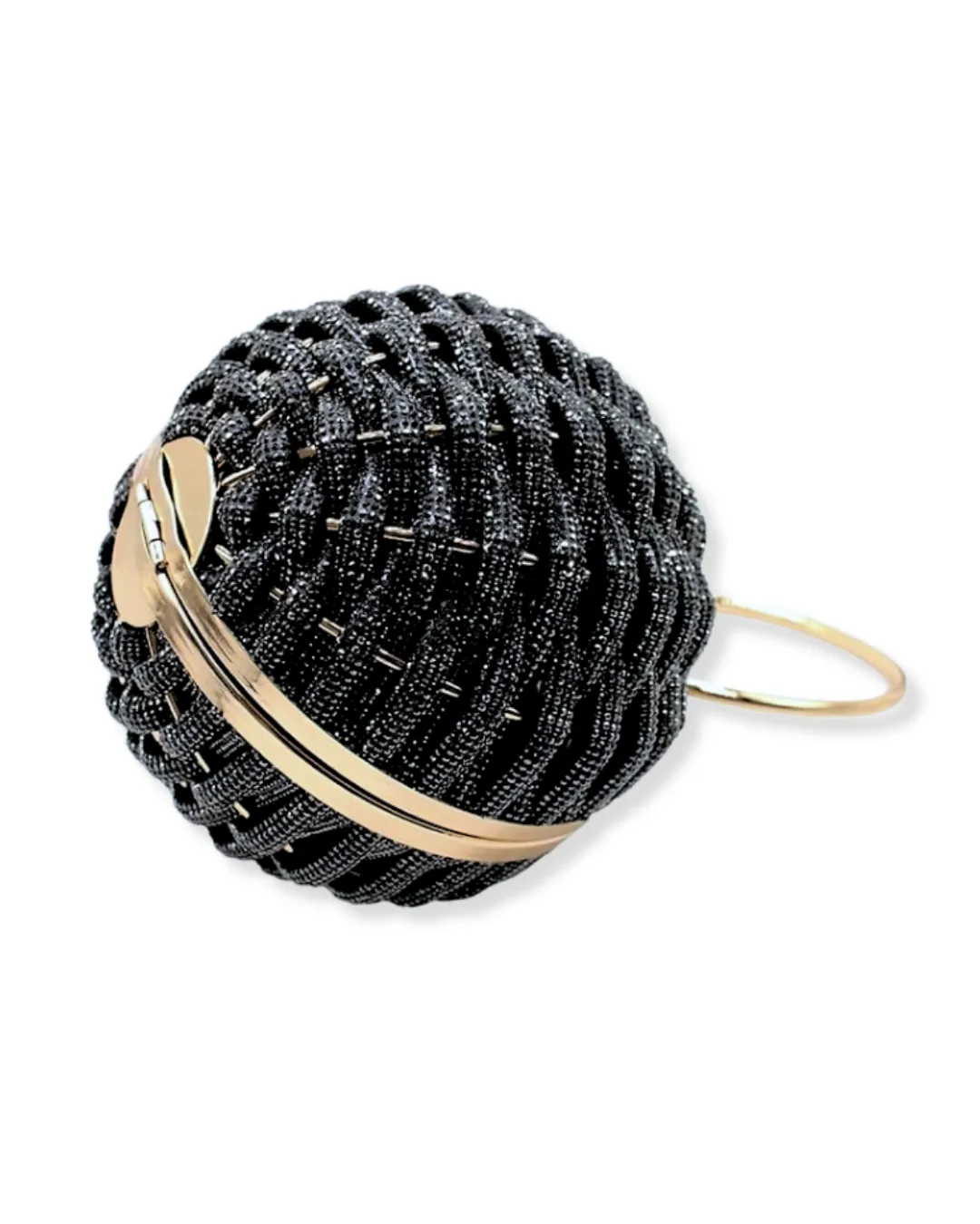 Black Crystal Sphere Clutch with Gold Ring Handle | Woven Evening Minaudi??re