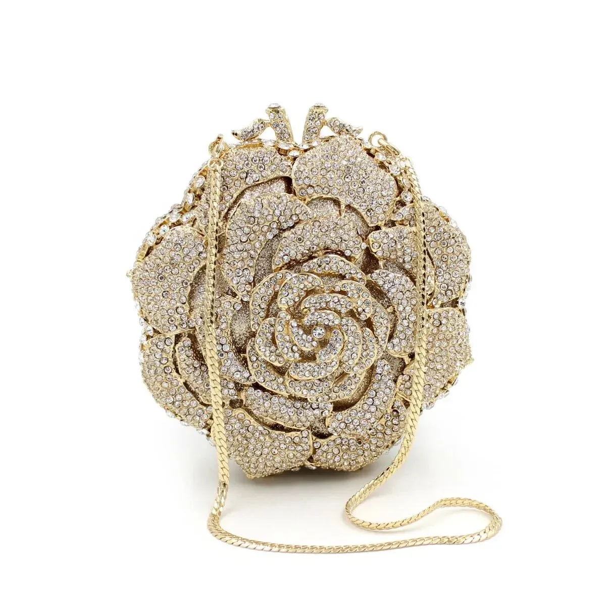 Golden Rose Flower Crystal Clutch Evening Bag