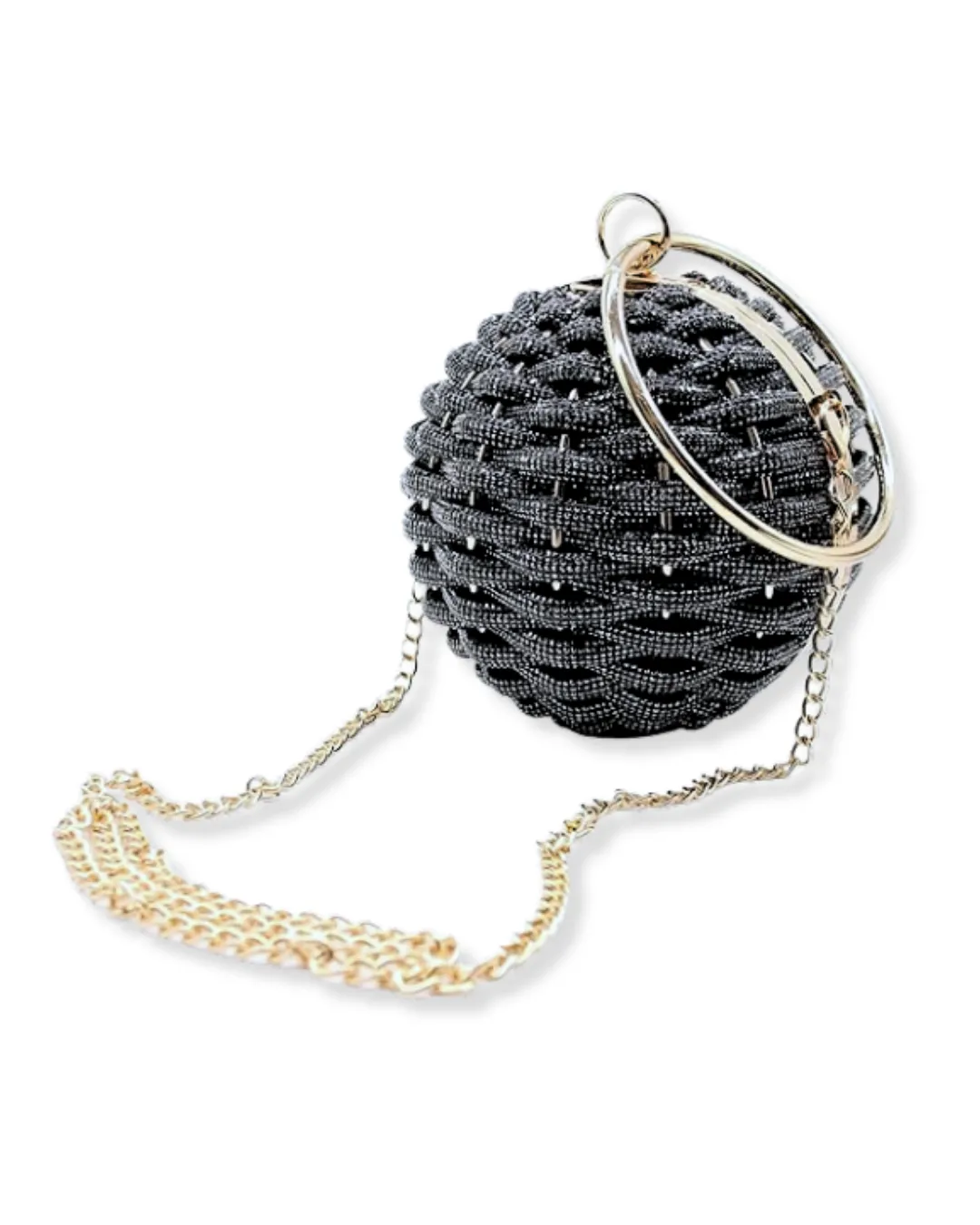 Black Crystal Sphere Clutch with Gold Ring Handle | Woven Evening Minaudi??re