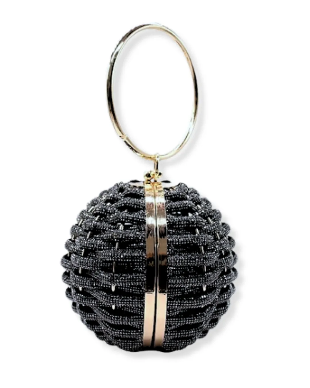 Black Crystal Sphere Clutch with Gold Ring Handle | Woven Evening Minaudi??re