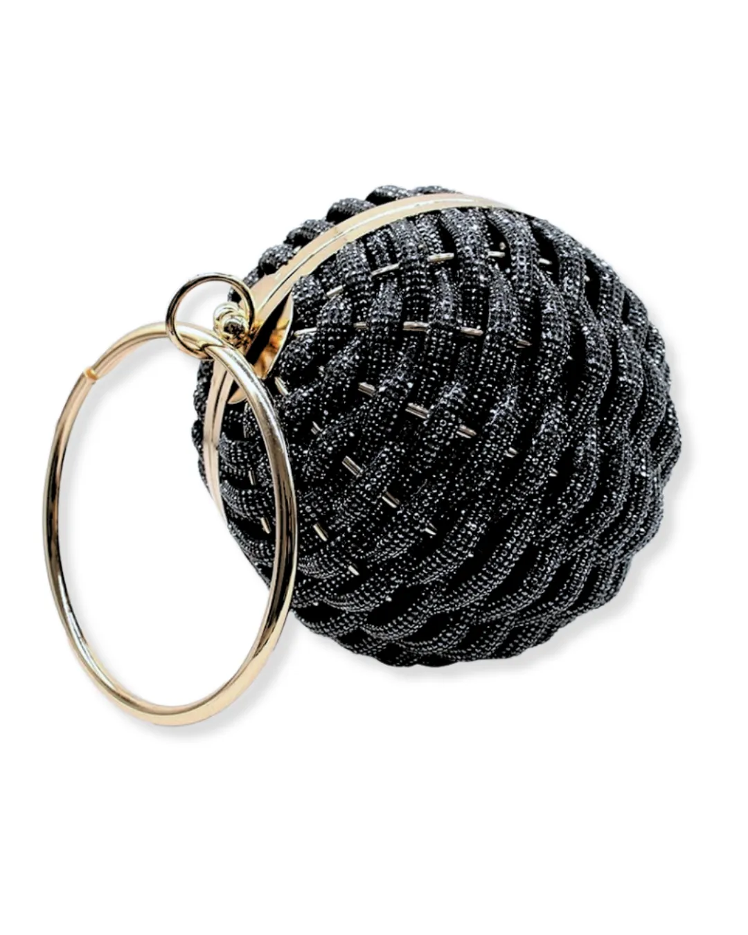 Black Crystal Sphere Clutch with Gold Ring Handle | Woven Evening Minaudi??re
