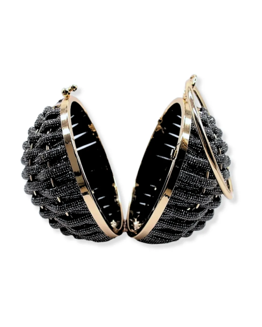 Black Crystal Sphere Clutch with Gold Ring Handle | Woven Evening Minaudi??re